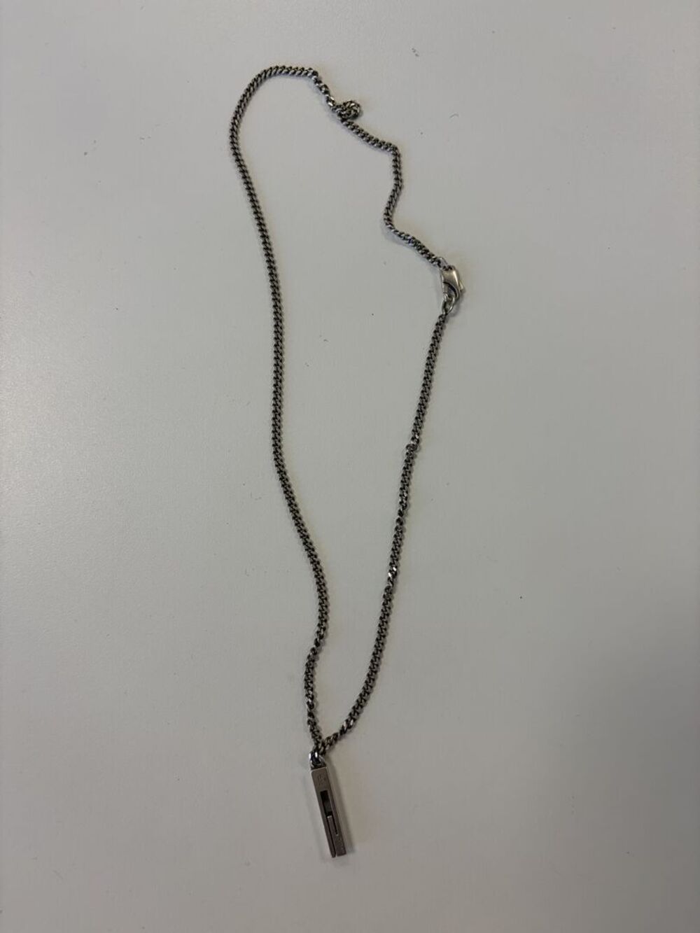 Silver Tone Curb Chain Bar Pendant Necklace